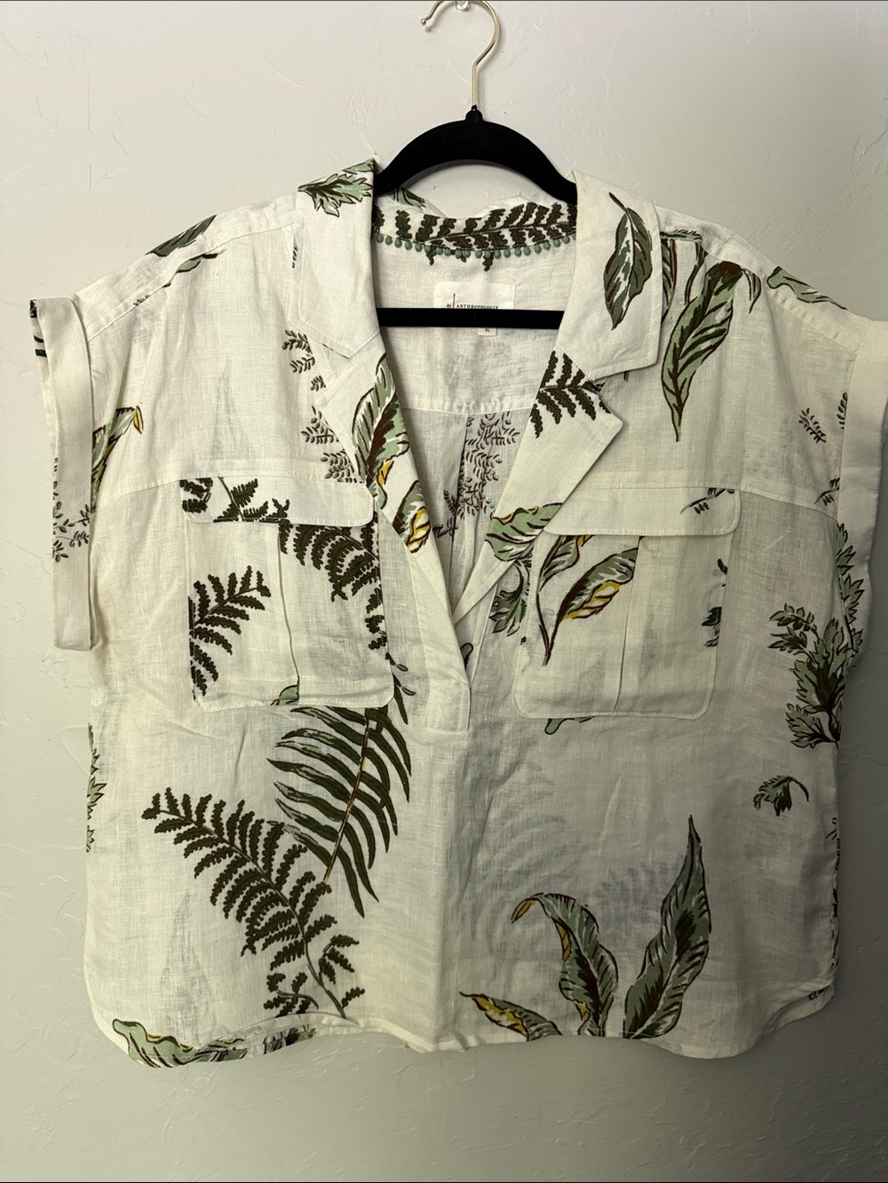 Anthropologie White linen Tunic with Green Fern & Leaf Print